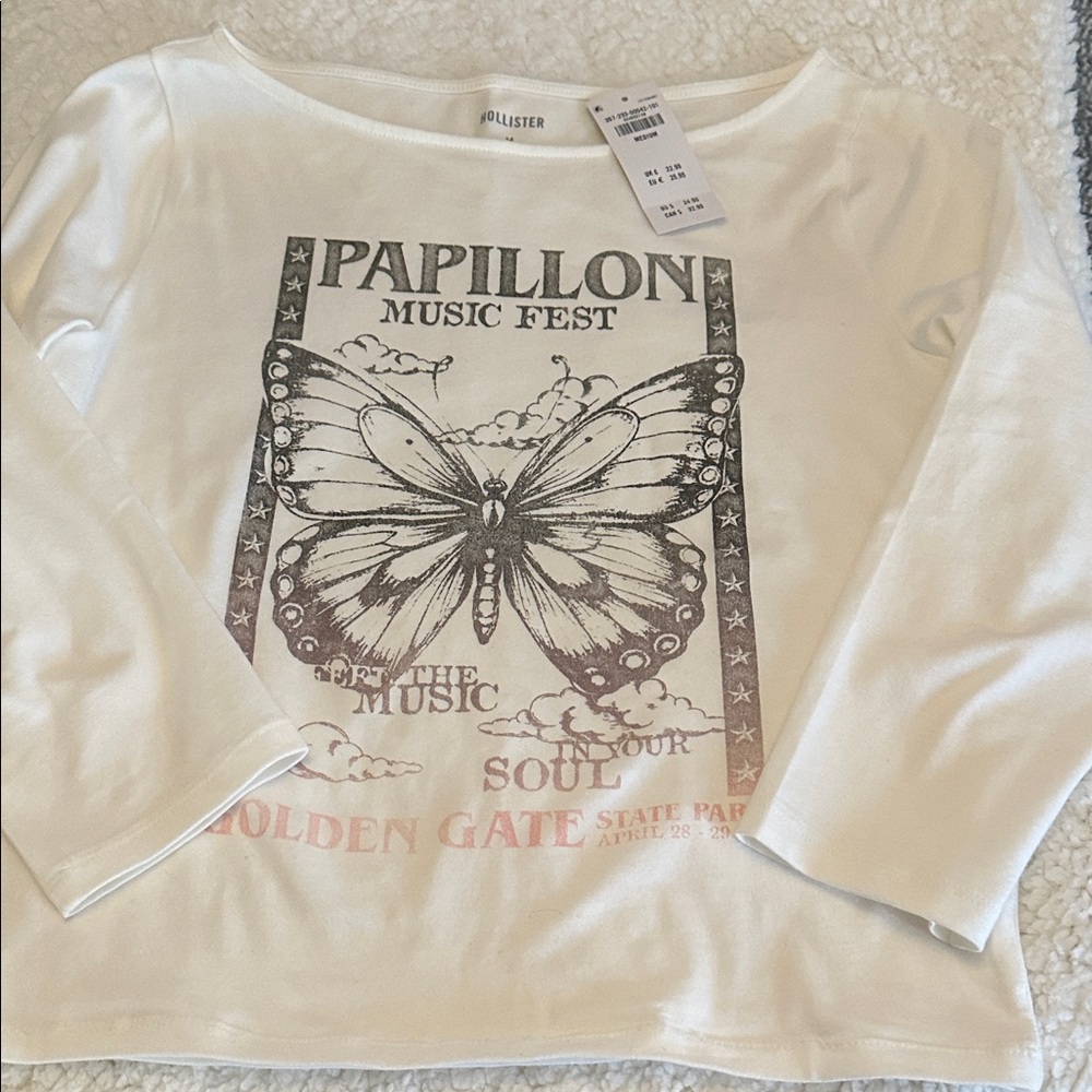 Hollister White Papillon Graphic Long Sleeve Tee